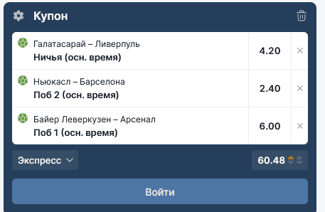 Купон ставок на сайте Фонбет с выбранными исходами, коэффициентами, суммой пари и расчетом потенциального выигрыша