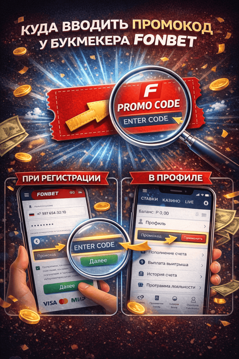 Где вводить промокод у букмекера Fonbet: форма регистрации, личный кабинет или касса при пополнении